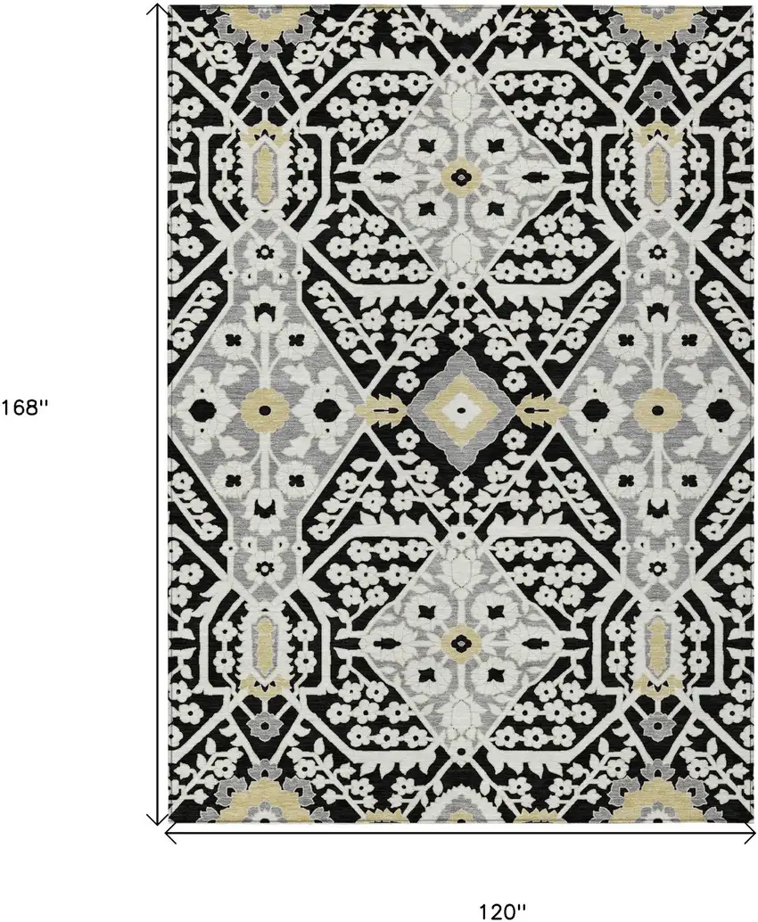 Black Gray And Gold Floral Washable Indoor Outdoor Area Rug Photo 3