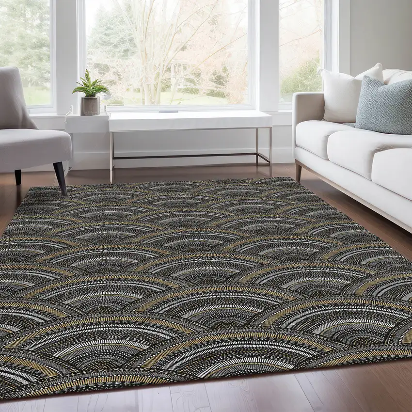Black Gray And Gold Geometric Washable Area Rug With UV Protection Photo 5