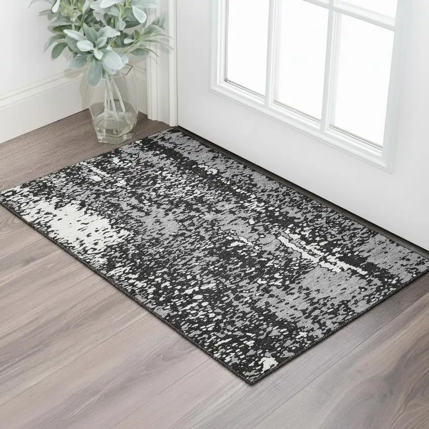 Black Gray And Ivory Abstract Washable Area Rug With UV Protection Photo 2