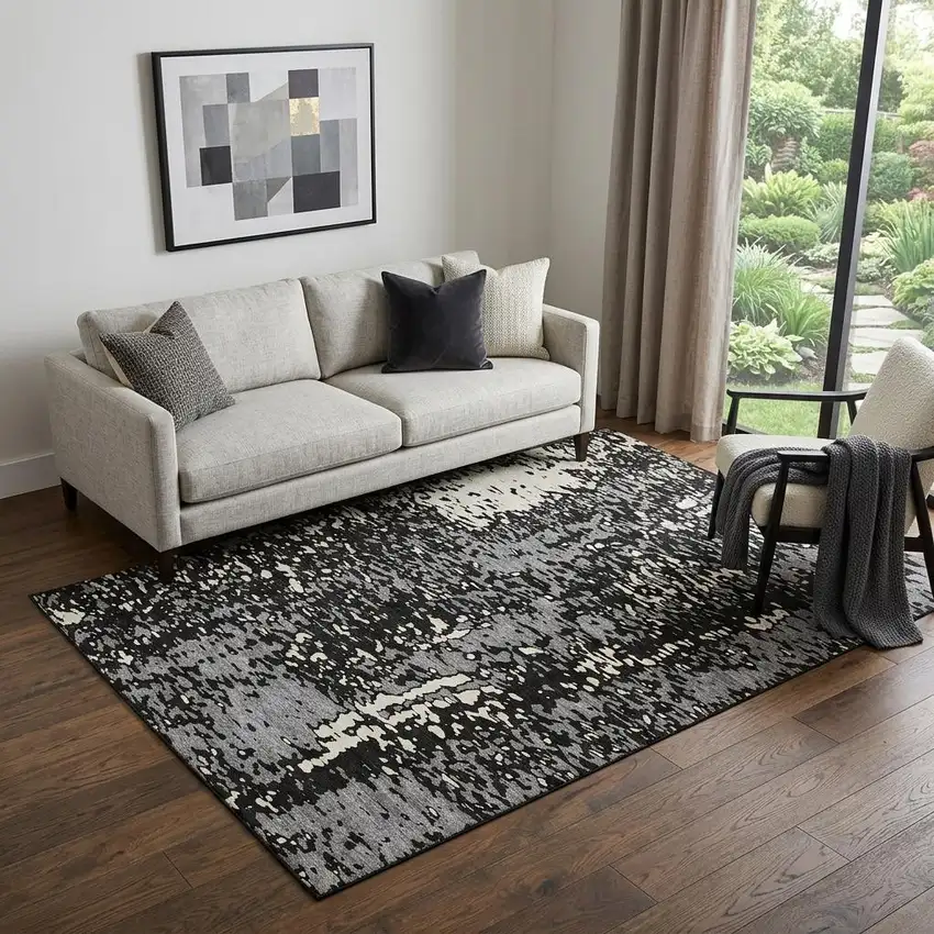 Black Gray And Ivory Abstract Washable Area Rug With UV Protection Photo 1