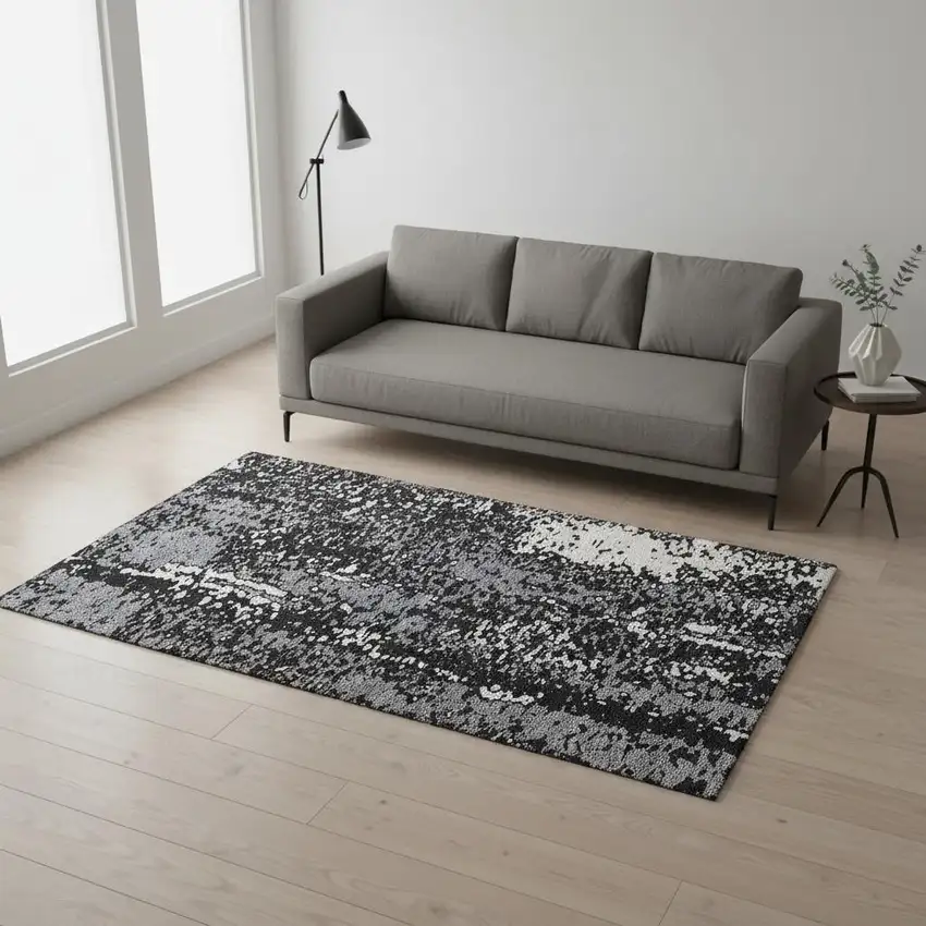 Black Gray And Ivory Abstract Washable Area Rug With UV Protection Photo 2