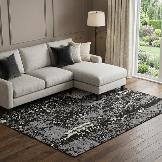 Black Gray And Ivory Abstract Washable Area Rug With UV Protection Photo 1