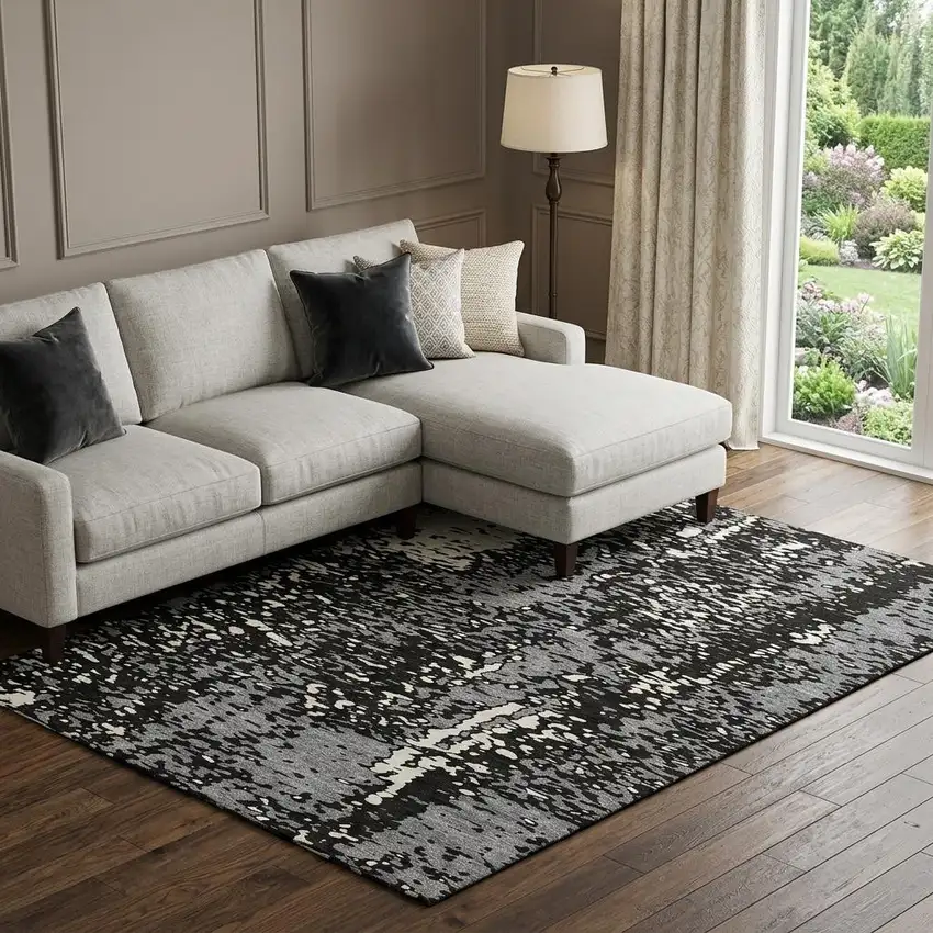 Black Gray And Ivory Abstract Washable Area Rug With UV Protection Photo 1