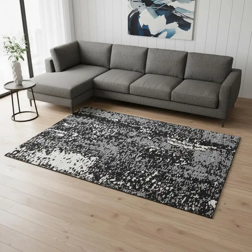 Black Gray And Ivory Abstract Washable Area Rug With UV Protection Photo 2