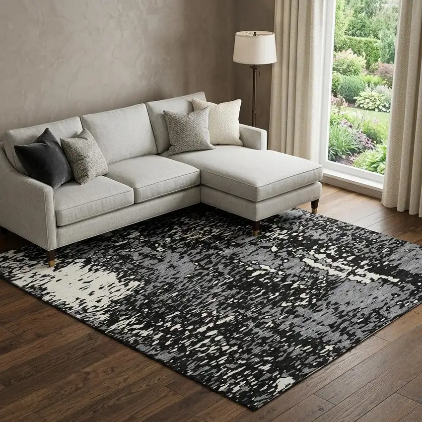 Black Gray And Ivory Abstract Washable Area Rug With UV Protection Photo 1