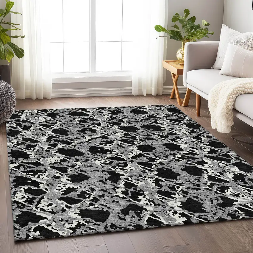 Black Gray And Ivory Abstract Washable Area Rug With UV Protection Photo 4