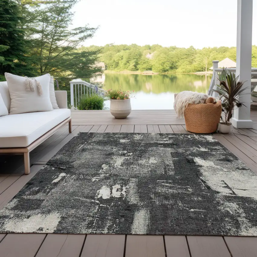 Black Gray And Ivory Abstract Washable Indoor Outdoor Area Rug Photo 9