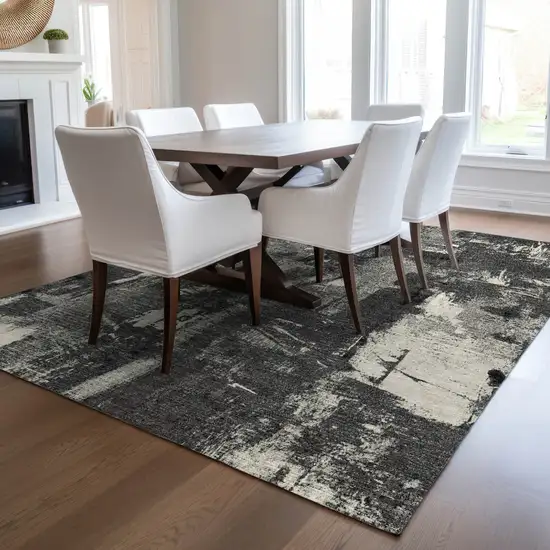 Black Gray And Ivory Abstract Washable Indoor Outdoor Area Rug Photo 9