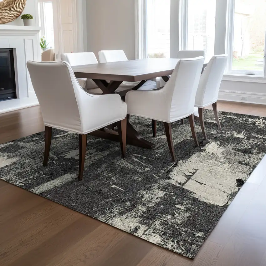 Black Gray And Ivory Abstract Washable Indoor Outdoor Area Rug Photo 9