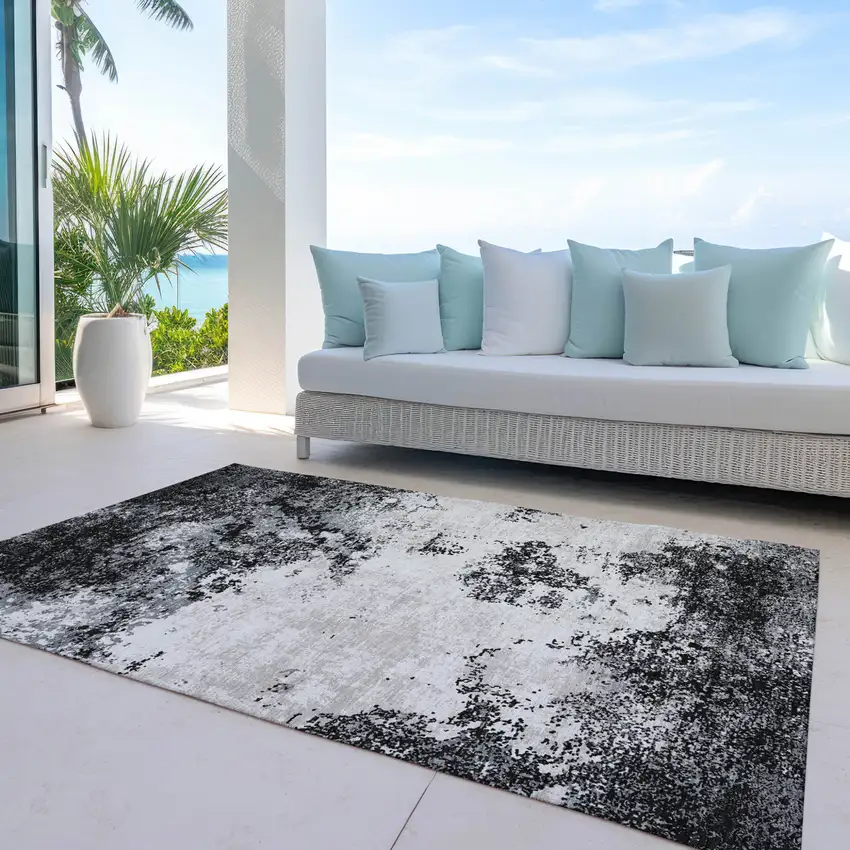 Black Gray And Ivory Abstract Washable Indoor Outdoor Area Rug Photo 9