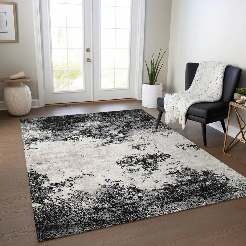 Black Gray And Ivory Abstract Washable Indoor Outdoor Area Rug Photo 9