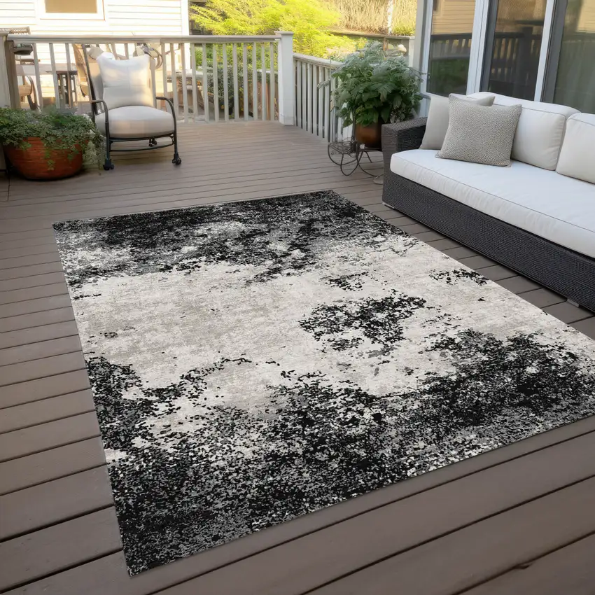 Black Gray And Ivory Abstract Washable Indoor Outdoor Area Rug Photo 8