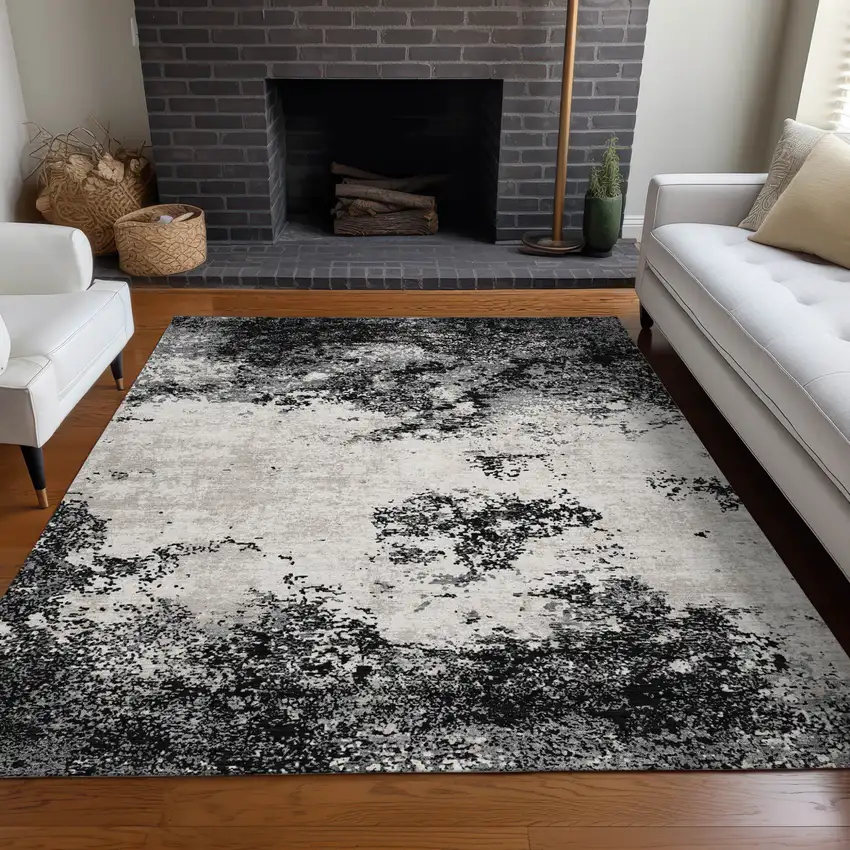Black Gray And Ivory Abstract Washable Indoor Outdoor Area Rug Photo 9