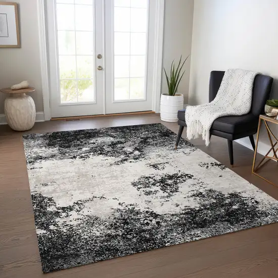Black Gray And Ivory Abstract Washable Indoor Outdoor Area Rug Photo 8