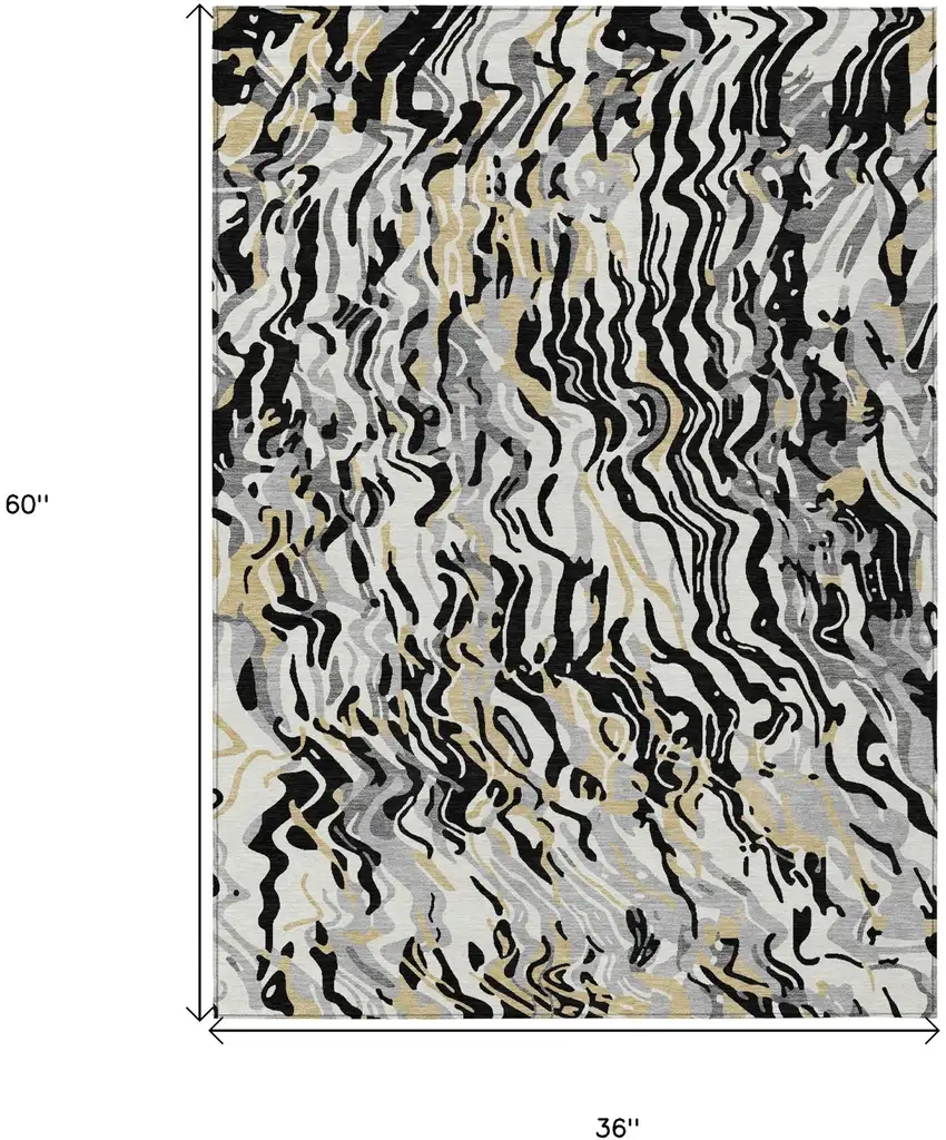 Black Gray And Ivory Abstract Washable Indoor Outdoor Area Rug Photo 3