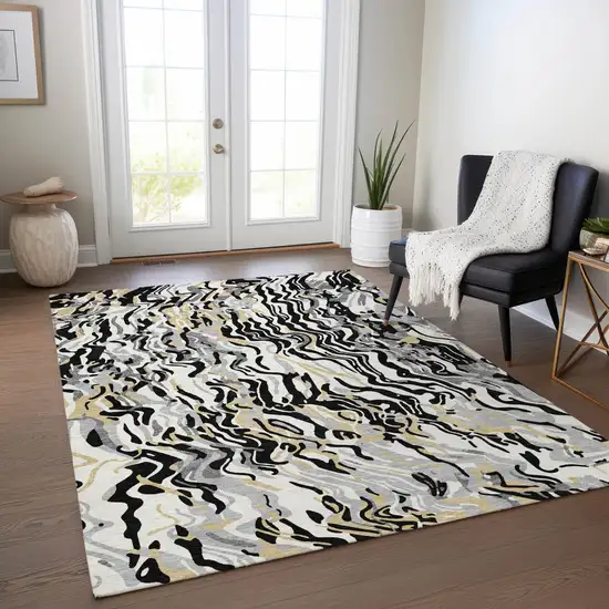 Black Gray And Ivory Abstract Washable Indoor Outdoor Area Rug Photo 9