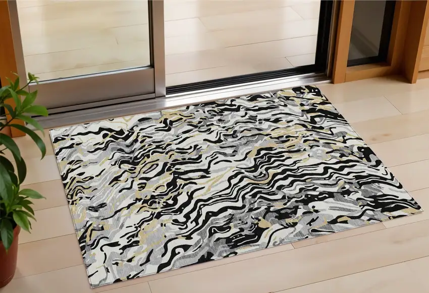 Black Gray And Ivory Abstract Washable Indoor Outdoor Area Rug Photo 1