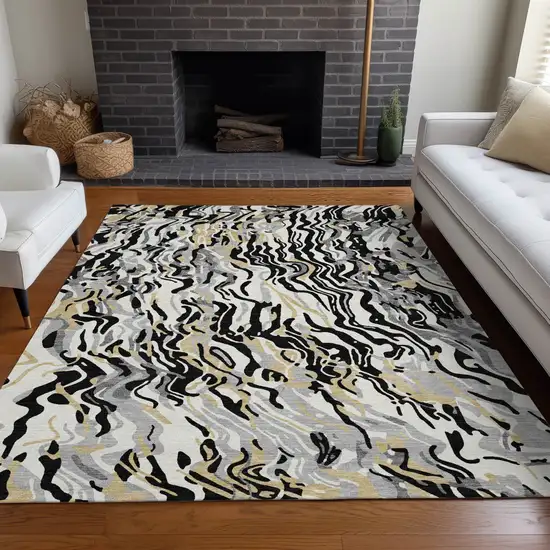 Black Gray And Ivory Abstract Washable Indoor Outdoor Area Rug Photo 9