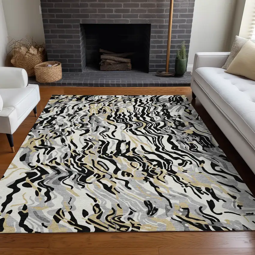 Black Gray And Ivory Abstract Washable Indoor Outdoor Area Rug Photo 9