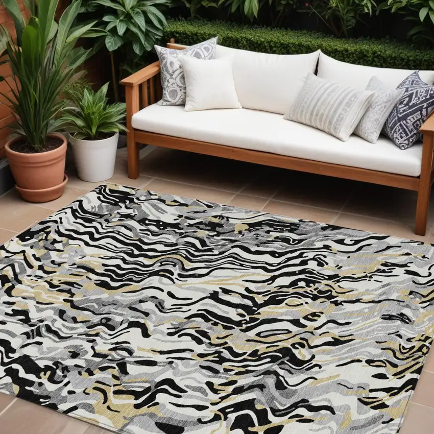 Black Gray And Ivory Abstract Washable Indoor Outdoor Area Rug Photo 1