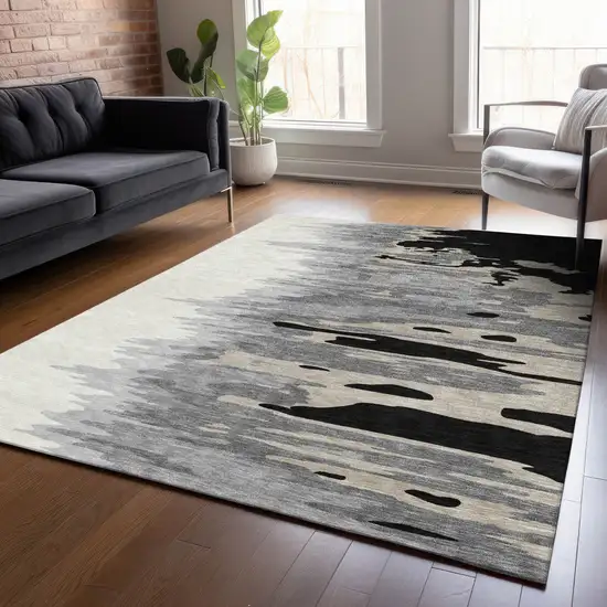 Black Gray And Ivory Abstract Washable Indoor Outdoor Area Rug Photo 8