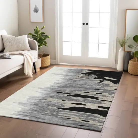 Black Gray And Ivory Abstract Washable Indoor Outdoor Area Rug Photo 9