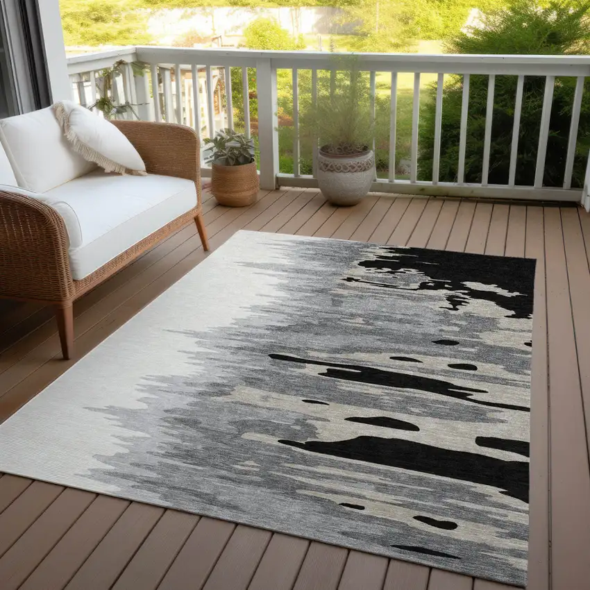 Black Gray And Ivory Abstract Washable Indoor Outdoor Area Rug Photo 6