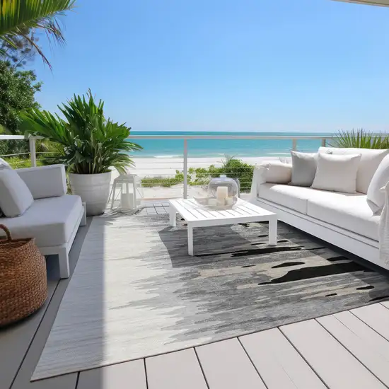 Black Gray And Ivory Abstract Washable Indoor Outdoor Area Rug Photo 9