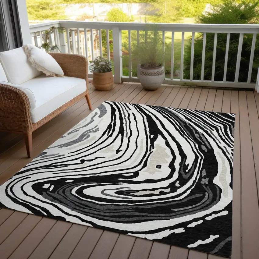 Black Gray And Ivory Abstract Washable Indoor Outdoor Area Rug Photo 8