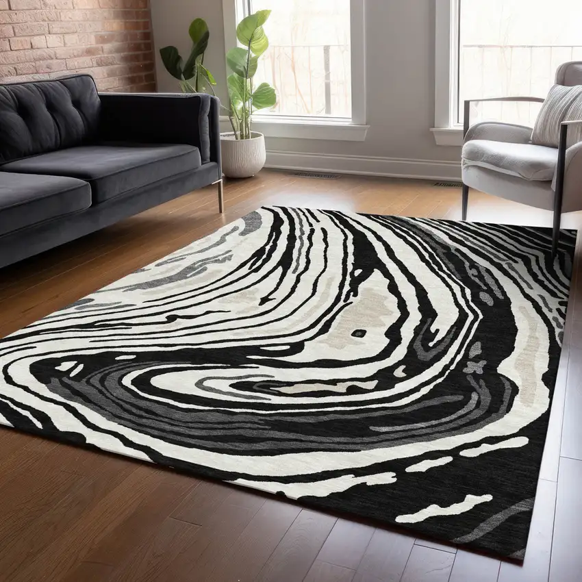 Black Gray And Ivory Abstract Washable Indoor Outdoor Area Rug Photo 9