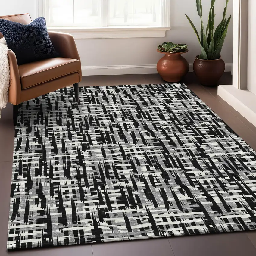 Black Gray And Ivory Abstract Washable Indoor Outdoor Area Rug Photo 9