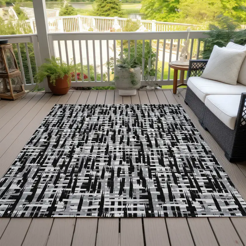Black Gray And Ivory Abstract Washable Indoor Outdoor Area Rug Photo 8