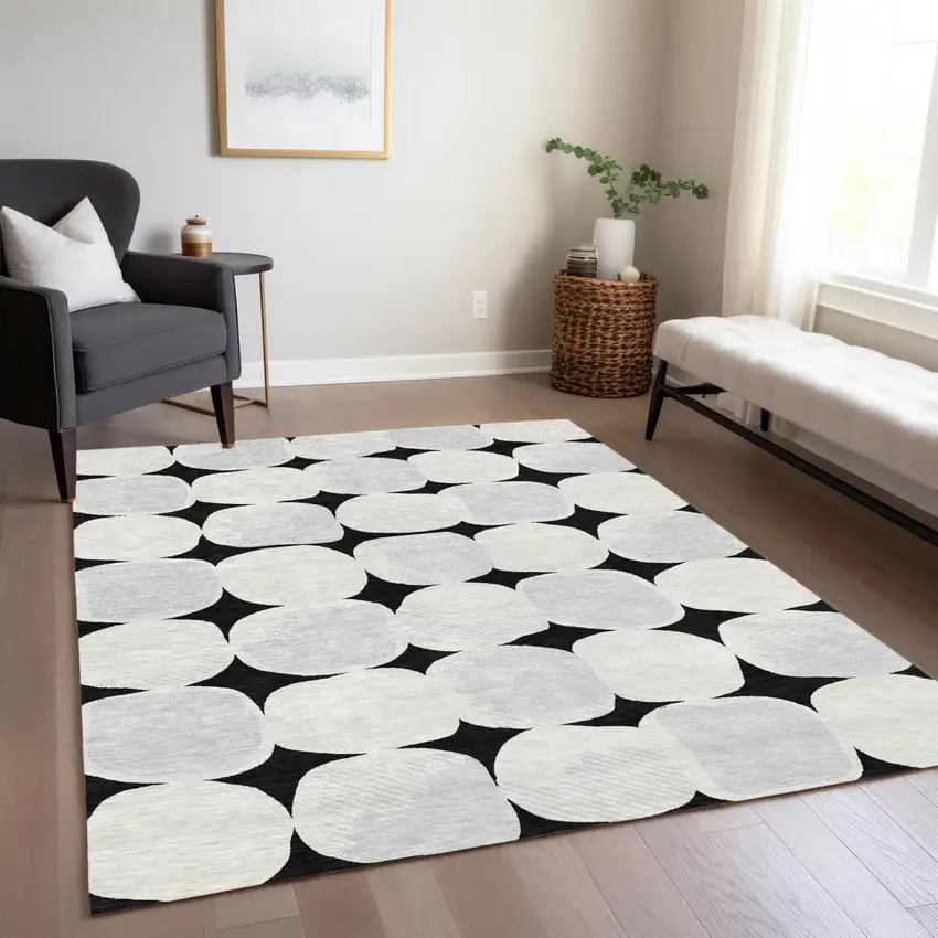 Black Gray And Ivory Abstract Washable Indoor Outdoor Area Rug Photo 9