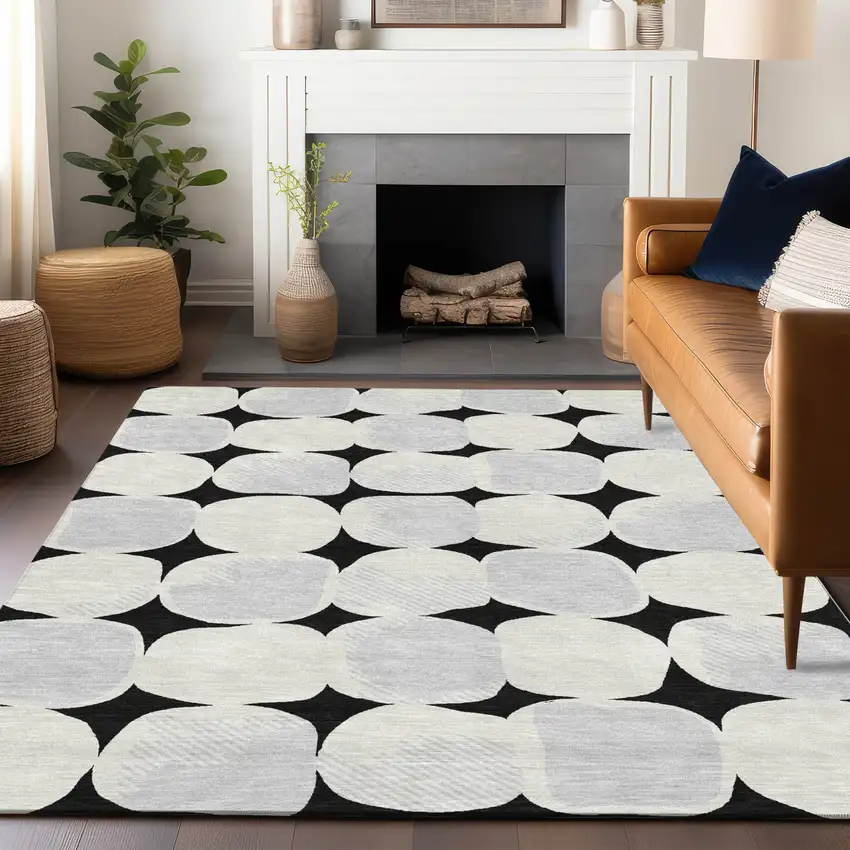 Black Gray And Ivory Abstract Washable Indoor Outdoor Area Rug Photo 9