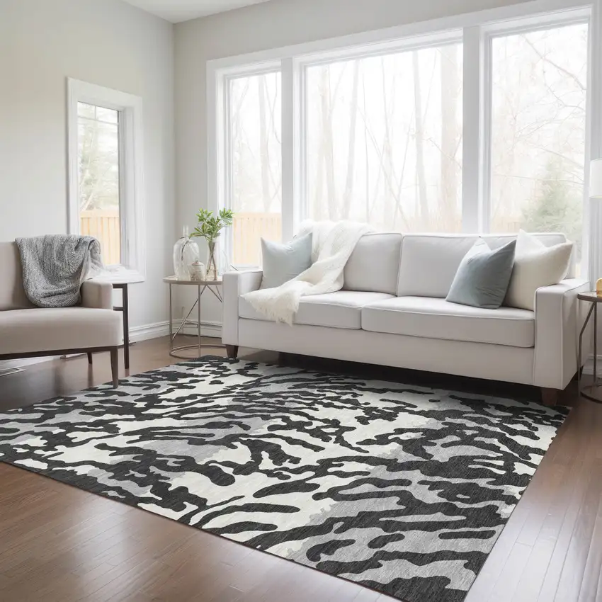 Black Gray And Ivory Animal Print Washable Indoor Outdoor Area Rug Photo 9