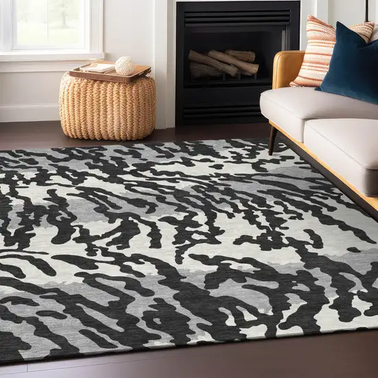 Black Gray And Ivory Animal Print Washable Indoor Outdoor Area Rug Photo 9