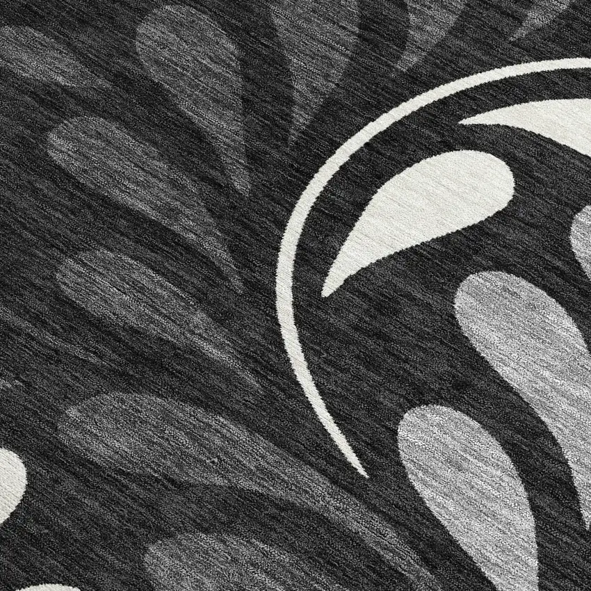Black Gray And Ivory Botanical Leaves Washable Indoor Outdoor Area Rug Photo 3