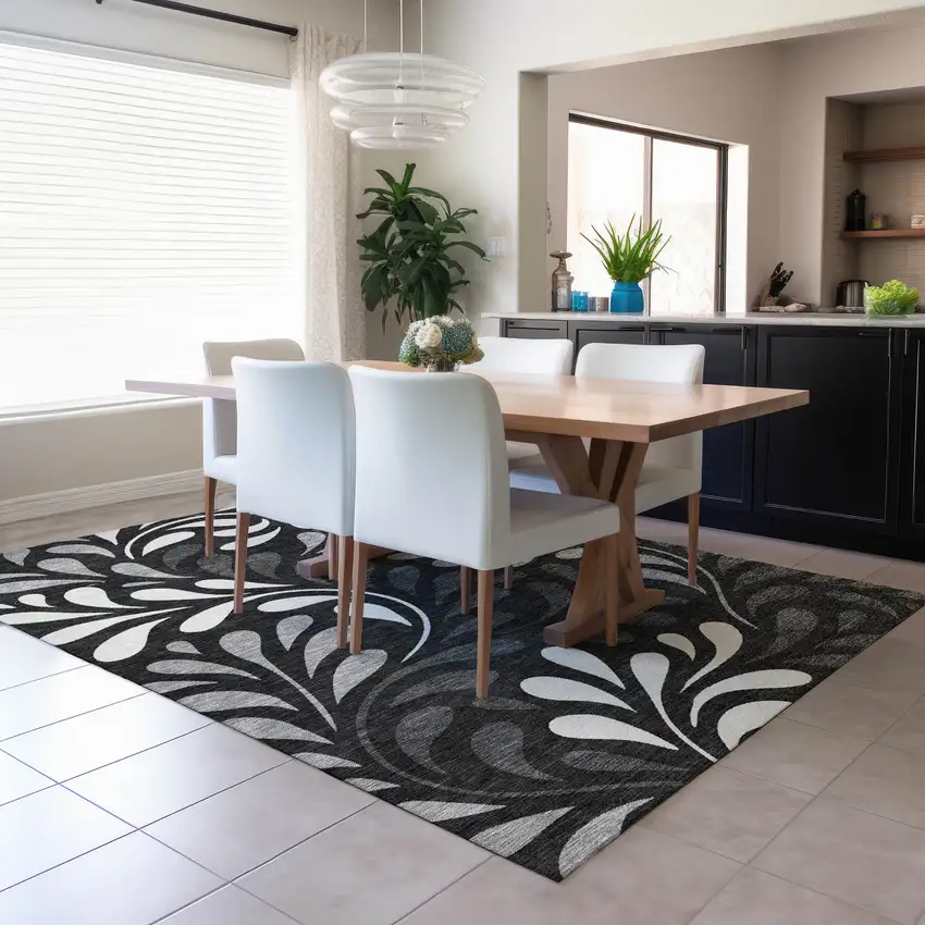 Black Gray And Ivory Botanical Leaves Washable Indoor Outdoor Area Rug Photo 6