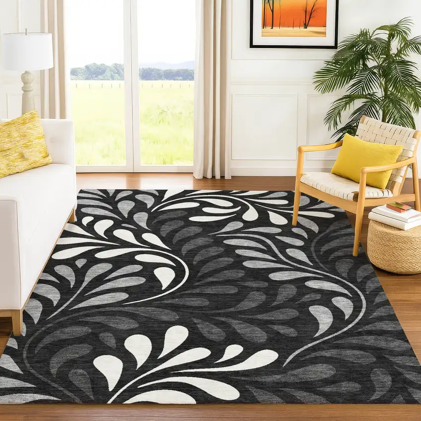 Black Gray And Ivory Botanical Leaves Washable Indoor Outdoor Area Rug Photo 5