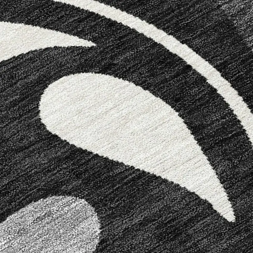 Black Gray And Ivory Botanical Leaves Washable Indoor Outdoor Area Rug Photo 2