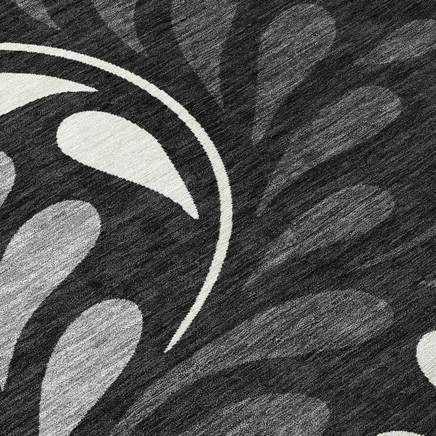 Black Gray And Ivory Botanical Leaves Washable Indoor Outdoor Area Rug Photo 1