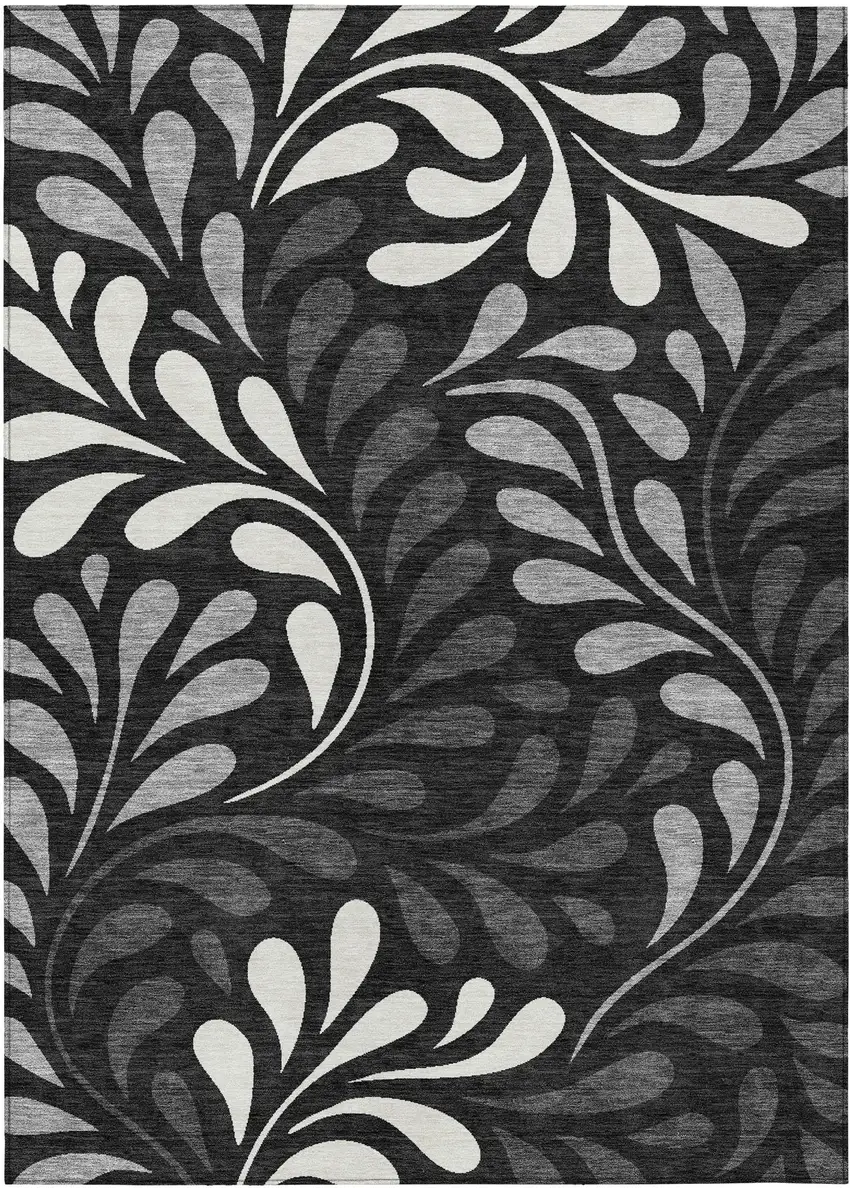 Black Gray And Ivory Botanical Leaves Washable Indoor Outdoor Area Rug Photo 9