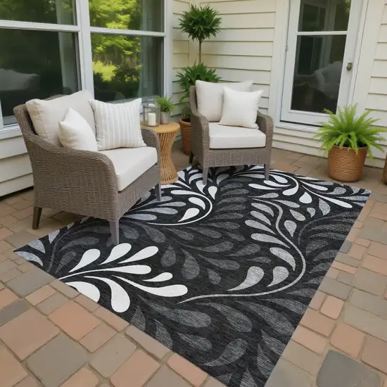 Black Gray And Ivory Botanical Leaves Washable Indoor Outdoor Area Rug Photo 4
