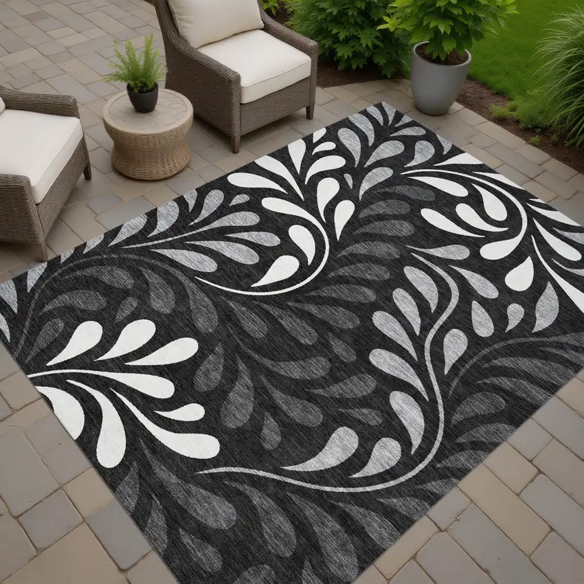 Black Gray And Ivory Botanical Leaves Washable Indoor Outdoor Area Rug Photo 7