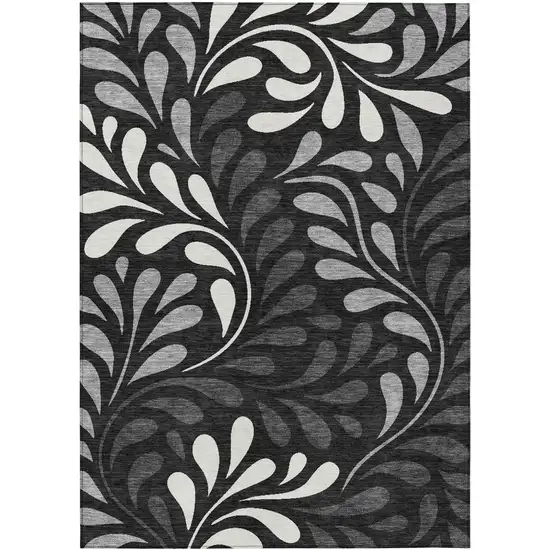 Black Gray And Ivory Botanical Leaves Washable Indoor Outdoor Area Rug Photo 9