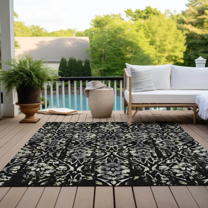 Black Gray And Ivory Floral Washable Indoor Outdoor Area Rug Photo 9