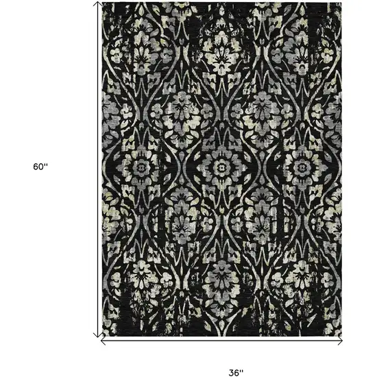 Black Gray And Ivory Floral Washable Indoor Outdoor Area Rug Photo 3