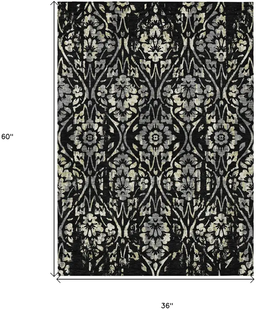 Black Gray And Ivory Floral Washable Indoor Outdoor Area Rug Photo 3