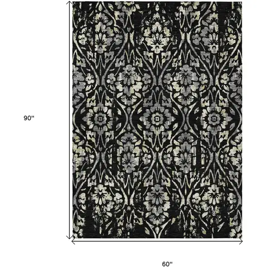 Black Gray And Ivory Floral Washable Indoor Outdoor Area Rug Photo 3