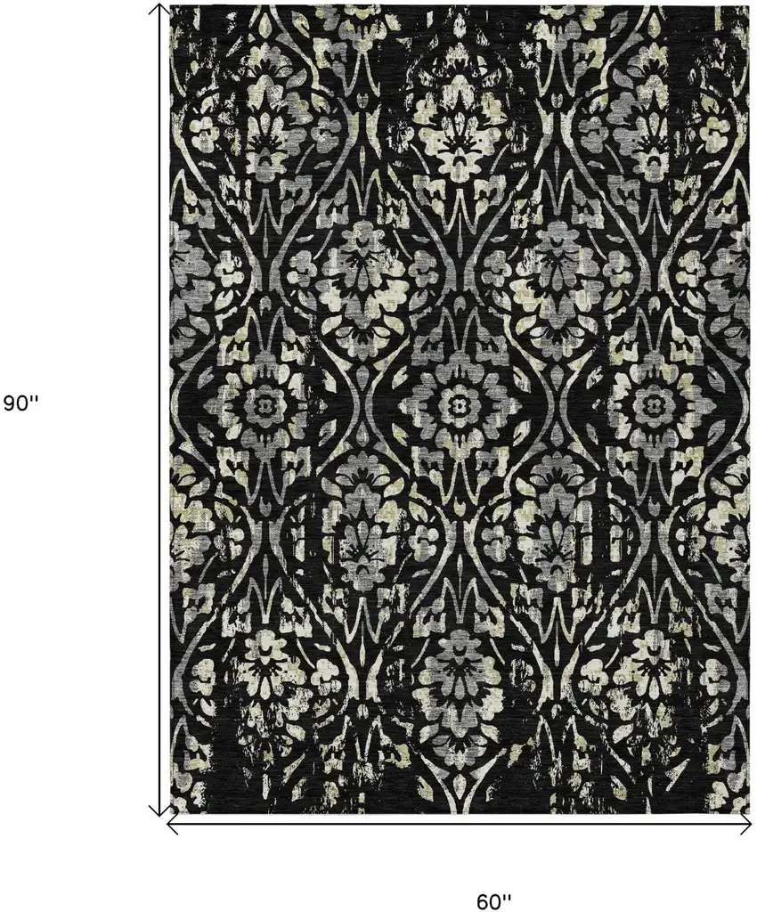 Black Gray And Ivory Floral Washable Indoor Outdoor Area Rug Photo 3